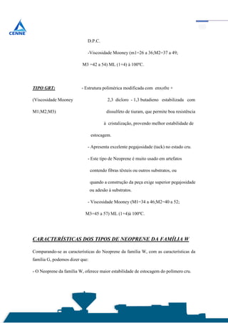 D.P.C.

                            -Viscosidade Mooney (m1=26 a 36;M2=37 a 49;

                          M3 =42 a 54) ML (1+4) à 100ºC.




TIPO GRT:                - Estrutura polimérica modificada com enxofre +

(Viscosidade Mooney                      2,3 dicloro - 1,3 butadieno estabilizada com

M1;M2;M3)                                dissulfeto de tiuram, que permite boa resistência

                                       à cristalização, provendo melhor estabilidade de

                                estocagem.

                            - Apresenta excelente pegajosidade (tack) no estado cru.

                            - Este tipo de Neoprene é muito usado em artefatos

                                contendo fibras têxteis ou outros substratos, ou

                                quando a construção da peça exige superior pegajosidade
                                ou adesão à substratos.

                            - Viscosidade Mooney (M1=34 a 46;M2=40 a 52;

                           M3=45 a 57) ML (1+4)à 100ºC.




CARACTERÍSTICAS DOS TIPOS DE NEOPRENE DA FAMÍLIA W

Comparando-se as características do Neoprene da família W, com as características da
família G, podemos dizer que:

- O Neoprene da família W, oferece maior estabilidade de estocagem do polímero cru.
 