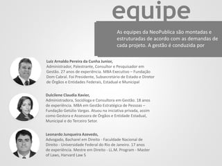 Luiz Arnaldo Pereira da Cunha Junior,
Administrador, Palestrante, Consultor e Pesquisador em
Gestão. 27 anos de experiência. MBA Executivo – Fundação
Dom Cabral. Foi Presidente, Subsecretário de Estado e Diretor
de Órgãos e Entidades Federais, Estadual e Municipal
Dulcilene Claudia Xavier,
Administradora, Socióloga e Consultora em Gestão. 18 anos
de experiência. MBA em Gestão Estratégica de Pessoas –
Fundação Getúlio Vargas. Atuou na iniciativa privada, assim
como Gestora e Assessora de Órgãos e Entidade Estadual,
Municipal e do Terceiro Setor.
Leonardo Junqueira Azevedo,
Advogado, Bacharel em Direito - Faculdade Nacional de
Direito - Universidade Federal do Rio de Janeiro. 17 anos
de experiência. Mestre em Direito - LL.M. Program - Master
of Laws, Harvard Law S
equipe
As equipes da NeoPublica são montadas e
estruturadas de acordo com as demandas de
cada projeto. A gestão é conduzida por
 