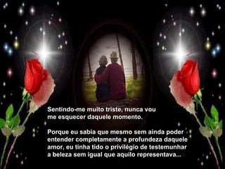 Sentindo-me muito triste, nunca vou me esquecer daquele momento. Porque eu sabia que mesmo sem ainda poder entender completamente a profundeza daquele amor, eu tinha tido o privilégio de testemunhar a beleza sem igual que aquilo representava... 