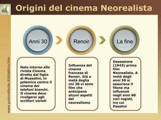 Origini del cinema Neorealista



                                         Anni 30            Renoir           La fine
www.polovalboite.it/didattica.htm




                                                                           Ossessione
                                                          Influenza del    (1943) primo
                                     Nato intorno alla
                                                          cinema           film
                                     rivista Cinema
                                                          francese di      Neorealista. A
                                     diretta dal figlio
                                                          Renoir. Già a    metà degli
                                     di Mussolini, in
                                                          metà deglia      anni 50 si
                                     polemica contro il
                                                          nni 30 vi sono   esaurisce il
                                     cinema dei
                                                          film che         filone ma
                                     telefoni bianchi.
                                                          anticipano       influenzò
                                     Il cinema deve
                                                          alcuni aspetti   negli anni 60
                                     rivolgersi agli
                                                          del              vari registi,
                                     scrittori veristi
                                                          neorealismo      tra cui
                                                                           Pasolini
 
