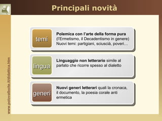 Principali novità


                                              Polemica con l’arte della forma pura
                                    temi      (l’Ermetismo, il Decadentismo in genere)
                                              Nuovi temi: partigiani, sciuscià, poveri…
www.polovalboite.it/didattica.htm




                                              Linguaggio non letterario simile al
                                    lingua    parlato che ricorre spesso al dialetto




                                              Nuovi generi letterari quali la cronaca,
                                    generi    il documento, la poesia corale anti
                                              ermetica
 