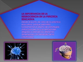 LA IMPORTANCIA DE LA
NEUROCIENCIA EN LA PRÁCTICA
EDUCATIVA
Desde el punto de vista de la práctica
educativa, porque permitiría
fundamentar el diseño de estrategias
instruccionales no convencionales
dirigidas a atender las diferentes
dimensiones y el desarrollo de la
creatividad.
 