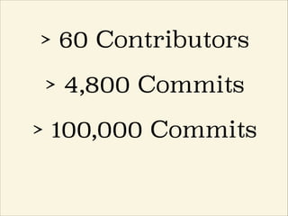 > 60 Contributors
> 4,800 Commits
> 100,000 Commits
 