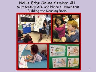 Nellie Edge Online Seminar #1
Multisensory ABC and Phonics Immersion:
Building the Reading Brain!
1
 