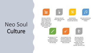 Neo Soul
Culture
NEO SOUL WRITERS
HAVE VIEWED THEIR
LYRICAL CONTENT AS
MORE "CONSCIOUS-
DRIVEN" AND HAVING A
BROADER RANGE THAN
MOST OTHER R&B
ARTISTS.
EMPHASIS ON JAZZ-
TINGED R&B, MELLOW
HIP HOP
IDIOSYNCRATIC,
PERSONAL APPROACH
TO LOVE AND POLITICS
NEO SOUL ARTISTS ARE
PREDOMINANTLY
FEMALE
IN CONTRAST TO THE
MARGINALIZED
PRESENCE OF WOMEN
IN MAINSTREAM HIP
HOP AND R&B
AN ALTERNATIVE FOR
LISTENERS TURNED OFF
BY THE HEDONISM OF
MAINSTREAM HIP-HOP
AND CLUB JAMS
NEO SOUL ARTISTS
OFTEN ASSOCIATED
WITH ALTERNATIVE
LIFESTYLES AND
FASHIONS, INCLUDING
ORGANIC FOOD,
INCENSE, AND KNIT CAPS
 