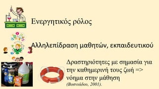 Δραστηριότητες με σημασία για
την καθημερινή τους ζωή =>
νόημα στην μάθηση
(Βοσνιάδου, 2001).
Ενεργητικός ρόλος
Αλληλεπίδραση μαθητών, εκπαιδευτικού
 