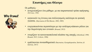 Επιστήμες και Θέατρο
Οι μαθητές:
• αντιμετωπίζουν ένα μάθημα με πιο παραστατικό τρόπο αφήγησης
(McComas, 1996)
• κατανοούν τις έννοιες και συλλογισμούς καλύτερα σε φυσική
γλώσσα. (Smyrnaiou & Weil-Barais, 2003, 2005)
• ενεργοποιούνται περισσότερο με την ανάληψη κάποιου ρόλου για
την διερεύνηση των εννοιών (Braund, 2015)
• γνωρίζουν το κοινωνικοπολιτικό πλαίσιο της εποχής (Aikenhead, 1996;
Braund, 2015; Cobern, 1996)
• εμπλέκονται συναισθηματικά (Smyrnaiou, Georgakopoulou, Sotiriou, &
Sotiriou, 2017)
 