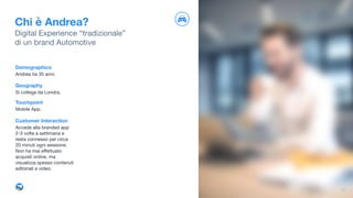 Chi è Andrea?
Digital Experience “tradizionale” 

di un brand Automotive
Demographics
Andrea ha 35 anni.

Geography
Si collega da Londra.

Touchpoint
Mobile App. 

Customer Interaction
Accede alla branded app
2-3 volte a settimana e
resta connesso per circa
20 minuti ogni sessione.
Non ha mai eﬀettuato
acquisti online, ma
visualizza spesso contenuti
editoriali e video.
10
 