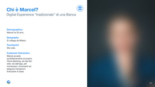 Chi è Marcel?
Digital Experience “tradizionale” di una Banca
Demographics
Marcel ha 35 anni.

Geography
Si collega da Milano.

Touchpoint
Sito web. 

Customer Interaction
Marcel accede
quotidianamente al proprio
Home Banking, sia dal sito
web, sia dall'app, per
monitorare i movimenti ed
eseguire transazioni
ﬁnanziarie di base.
12
 