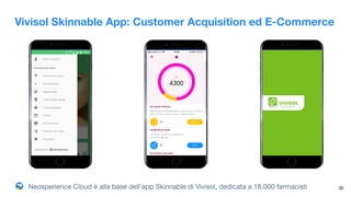30
Vivisol Skinnable App: Customer Acquisition ed E-Commerce
Neosperience Cloud è alla base dell’app Skinnable di Vivisol, dedicata a 18.000 farmacisti
 
