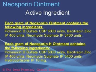 Neosporin Ointment 
Active Ingredient 
Each gram of Neosporin Ointment contains the 
following ingredients: 
Polymyxin B S...