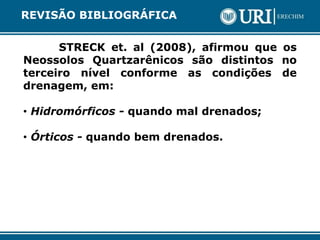STRECK et. al (2008), afirmou que os
Neossolos Quartzarênicos são distintos no
terceiro nível conforme as condições de
drenagem, em:
• Hidromórficos - quando mal drenados;
• Órticos - quando bem drenados.
REVISÃO BIBLIOGRÁFICA
 