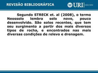 Segundo STRECK et. al (2008), o termo
Neossolo lembra solo novo, pouco
desenvolvido. São solos recentes, que tem
seu surgimento a partir dos mais diversos
tipos de rocha, e encontrados nas mais
diversas condições de relevo e drenagem.
REVISÃO BIBLIOGRÁFICA
 