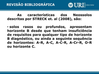 As características dos Neossolos
descritas por STRECK et. al (2008), são:
• solos rasos ou profundos, apresentam
horizonte B desde que tenham insuficiência
de requisitos para qualquer tipo de horizonte
B diagnóstico, ou ainda a seguinte sequência
de horizontes: A-R, A-C, A-C-R, A-Cr-R, O-R
ou horizonte C.
REVISÃO BIBLIOGRÁFICA
 