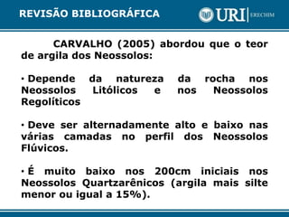 CARVALHO (2005) abordou que o teor
de argila dos Neossolos:
• Depende da natureza da rocha nos
Neossolos Litólicos e nos Neossolos
Regolíticos
• Deve ser alternadamente alto e baixo nas
várias camadas no perfil dos Neossolos
Flúvicos.
• É muito baixo nos 200cm iniciais nos
Neossolos Quartzarênicos (argila mais silte
menor ou igual a 15%).
REVISÃO BIBLIOGRÁFICA
 