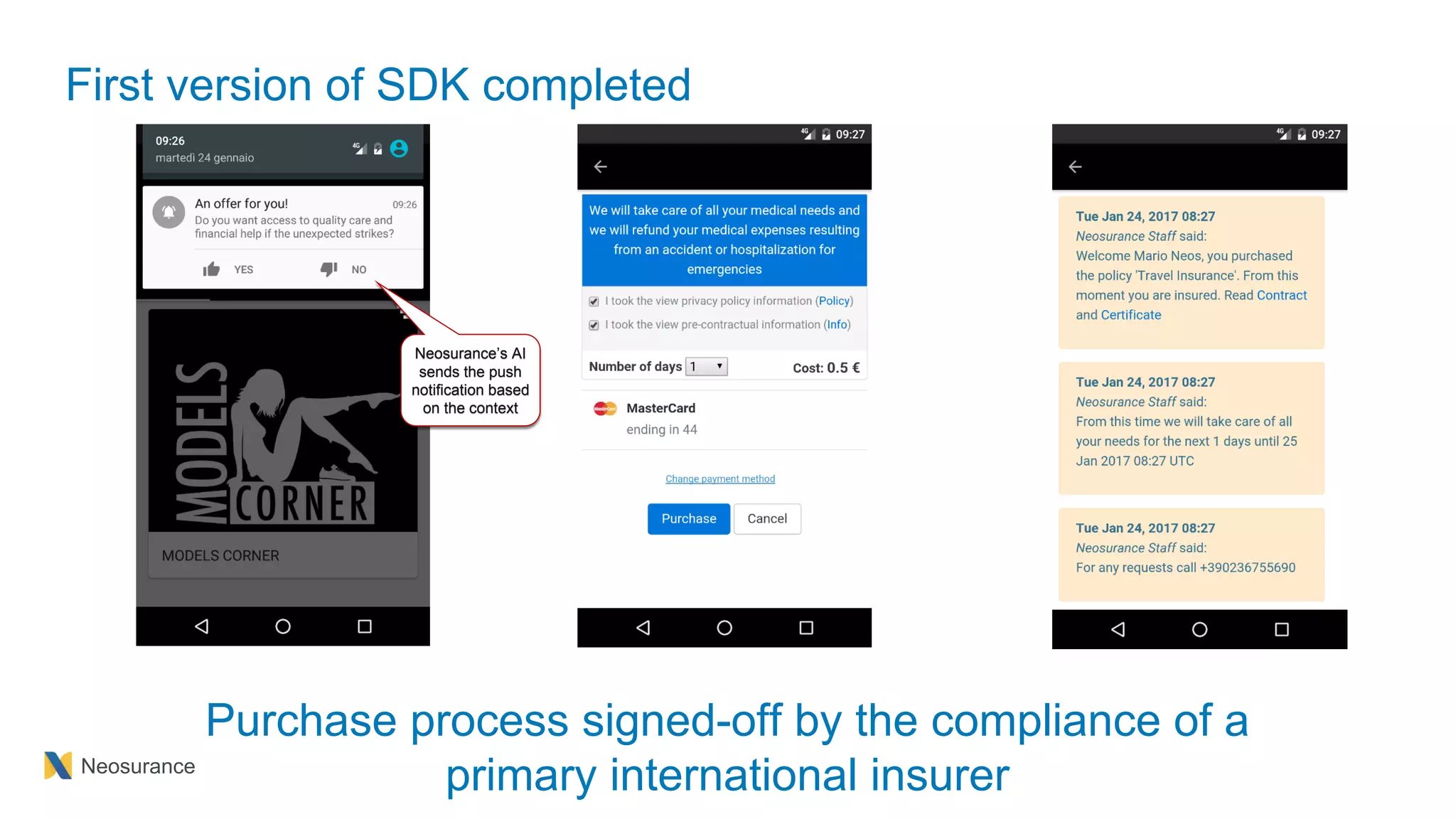 Neosurance
First version of SDK completed
Neosurance’s AI
sends the push
notification based
on the context
Purchase process signed-off by the compliance of a
primary international insurer
 