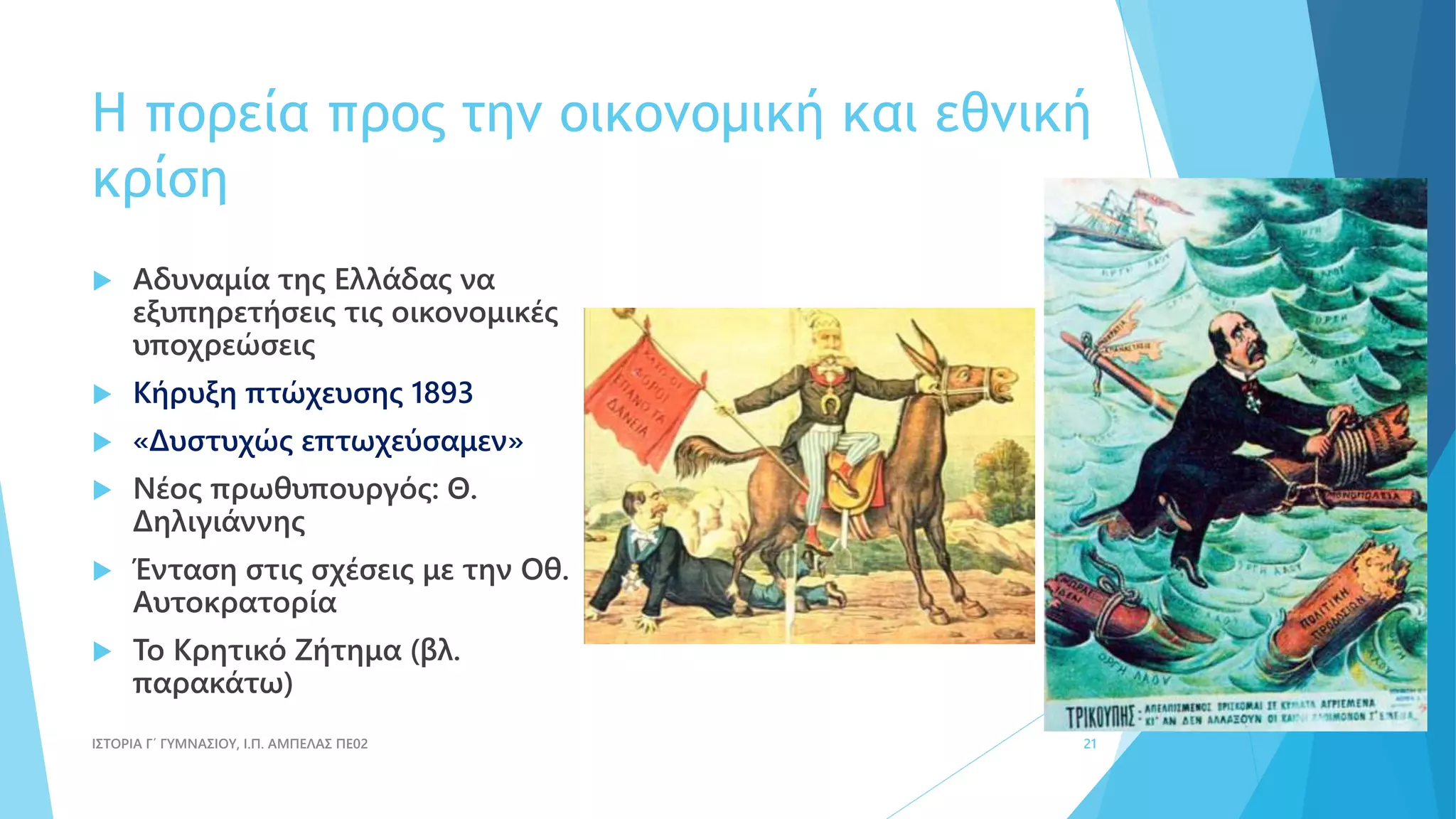 Η πορεία προς την οικονομική και εθνική
κρίση
 Αδυναμία της Ελλάδας να
εξυπηρετήσεις τις οικονομικές
υποχρεώσεις
 Κήρυξη πτώχευσης 1893
 «Δυστυχώς επτωχεύσαμεν»
 Νέος πρωθυπουργός: Θ.
Δηλιγιάννης
 Ένταση στις σχέσεις με την Οθ.
Αυτοκρατορία
 Το Κρητικό Ζήτημα (βλ.
παρακάτω)
ΙΣΤΟΡΙΑ Γ΄ ΓΥΜΝΑΣΙΟΥ, Ι.Π. ΑΜΠΕΛΑΣ ΠΕ02 21
 