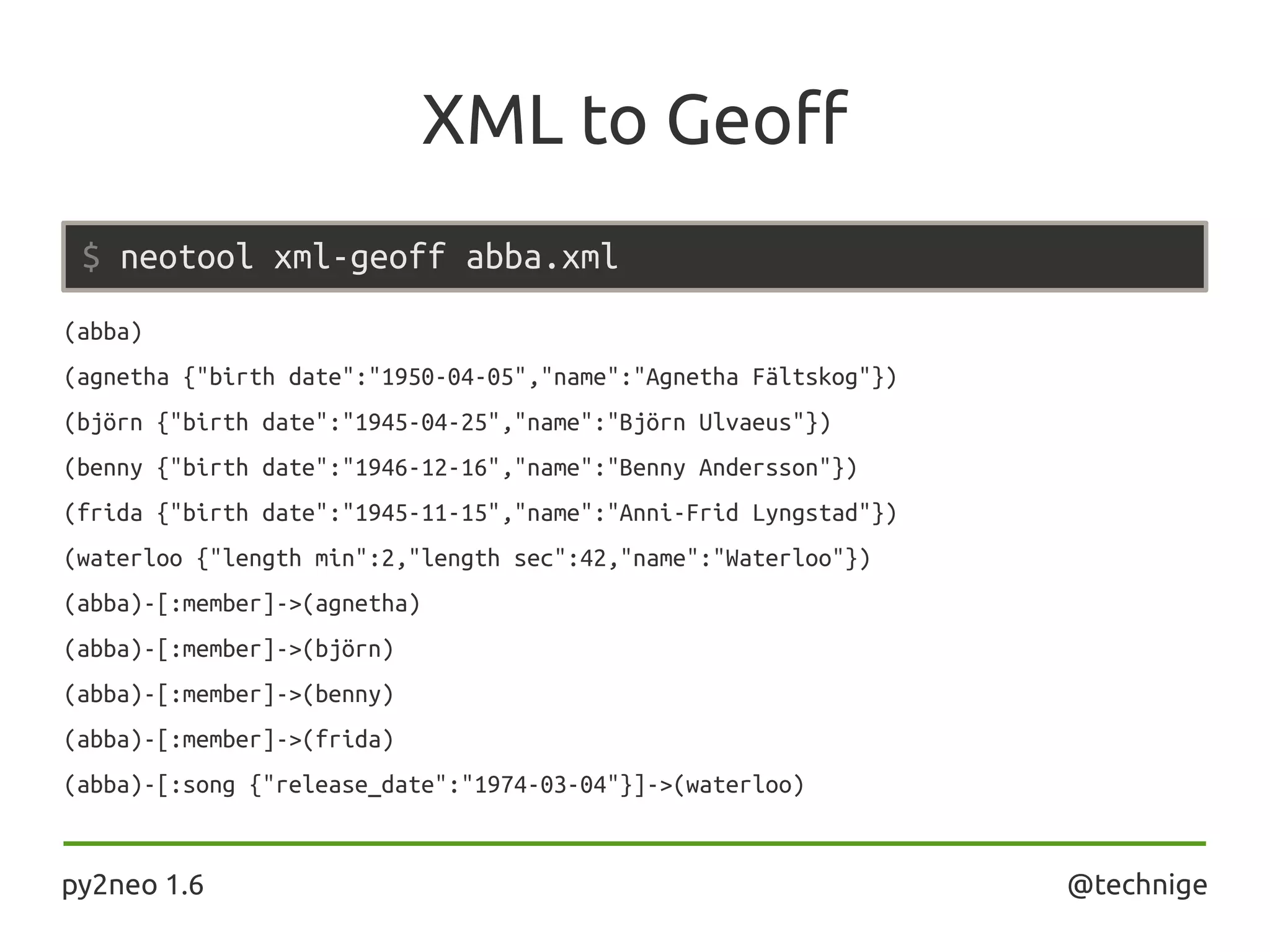 XML to Geoff
$ neotool xml-geoff abba.xml
(abba)
(agnetha {"birth date":"1950-04-05","name":"Agnetha Fältskog"})
(björn {"birth date":"1945-04-25","name":"Björn Ulvaeus"})
(benny {"birth date":"1946-12-16","name":"Benny Andersson"})
(frida {"birth date":"1945-11-15","name":"Anni-Frid Lyngstad"})
(waterloo {"length min":2,"length sec":42,"name":"Waterloo"})
(abba)-[:member]->(agnetha)
(abba)-[:member]->(björn)
(abba)-[:member]->(benny)
(abba)-[:member]->(frida)
(abba)-[:song {"release_date":"1974-03-04"}]->(waterloo)
py2neo 1.6 @technige
 