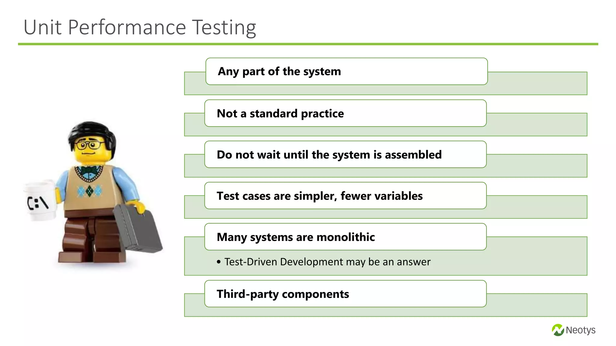 Unit Performance Testing
Any part of the system
Not a standard practice
Do not wait until the system is assembled
Test cases are simpler, fewer variables
• Test-Driven Development may be an answer
Many systems are monolithic
Third-party components
 