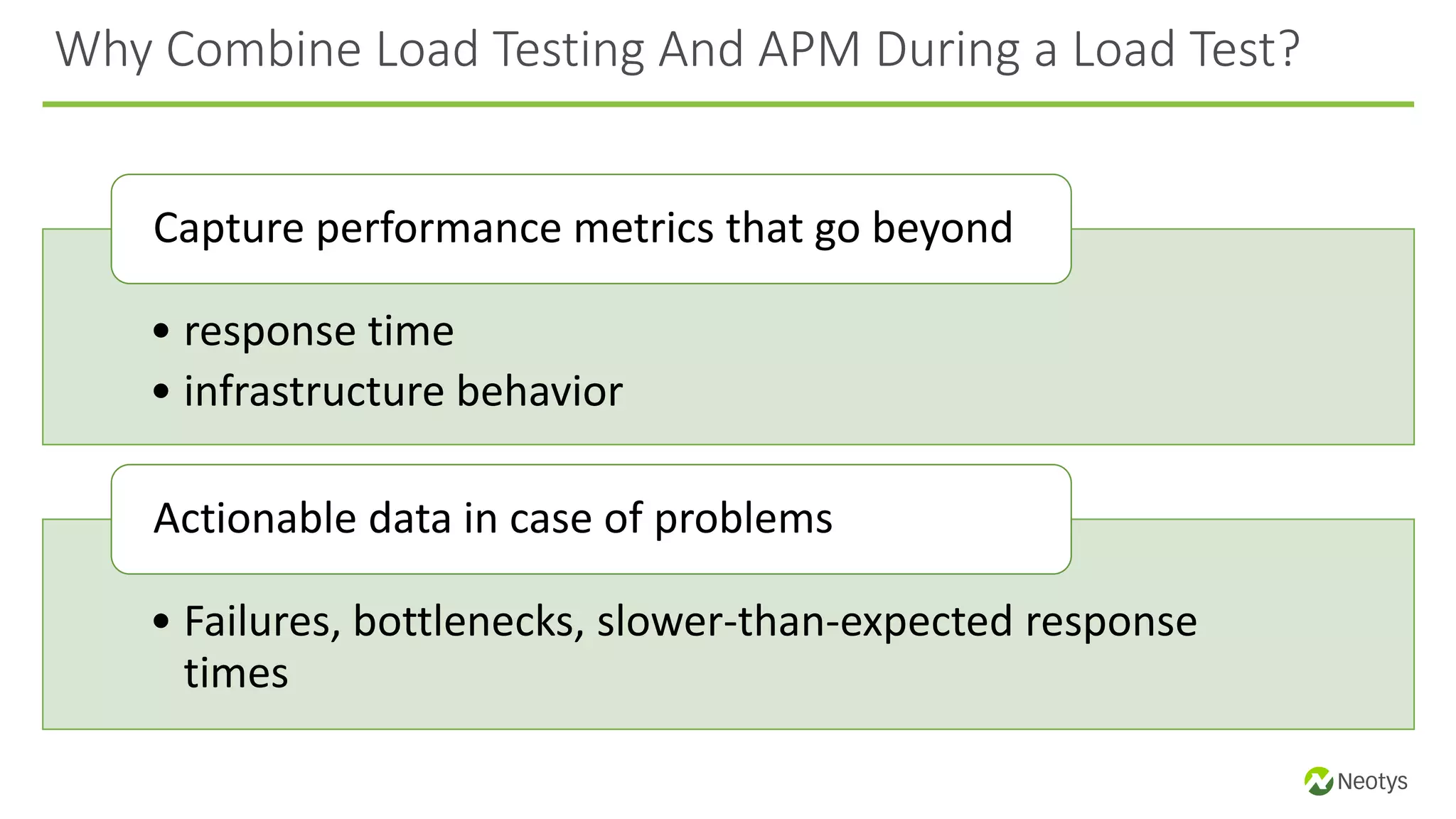 • response time
• infrastructure behavior
Capture performance metrics that go beyond
• Failures, bottlenecks, slower-than-expected response
times
Actionable data in case of problems
Why Combine Load Testing And APM During a Load Test?
 