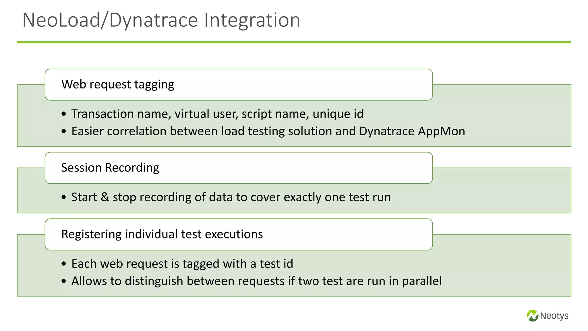• Transaction name, virtual user, script name, unique id
• Easier correlation between load testing solution and Dynatrace AppMon
Web request tagging
• Start & stop recording of data to cover exactly one test run
Session Recording
• Each web request is tagged with a test id
• Allows to distinguish between requests if two test are run in parallel
Registering individual test executions
NeoLoad/Dynatrace Integration
 