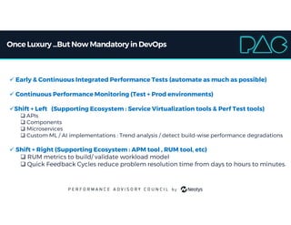 Once Luxury...But Now Mandatoryin DevOps
 Early & Continuous Integrated Performance Tests (automate as much as possible)
 Continuous Performance Monitoring (Test + Prod environments)
Shift + Left (Supporting Ecosystem : Service Virtualization tools & Perf Test tools)
 APIs
 Components
 Microservices
 Custom ML / AI implementations : Trend analysis / detect build-wise performance degradations
 Shift + Right (Supporting Ecosystem : APM tool , RUM tool, etc)
 RUM metrics to build/ validate workload model
 Quick Feedback Cycles reduce problem resolution time from days to hours to minutes.
 