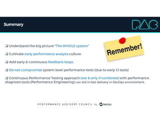 Summary
 Understand the big picture "The WHOLE system"
 Cultivate early performance analysis culture
 Add early & continuous feedback loops
 Do not compromise system level performance tests (due to early CI tests)
 Continuous Performance Testing approach one & only if combined with performance
diagnosis tools (Performance Engineering) can aid in fast delivery in DevOps environment.
 