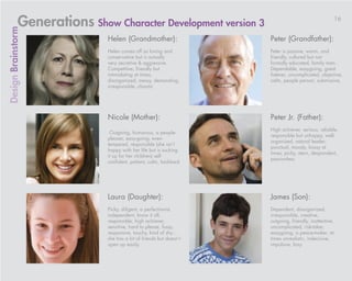 Generations Show Character Development version 3                                           16
Design Brainstorm

                              Helen (Grandmother):                   Peter (Grandfather):
                              Helen comes off as loving and          Peter is passive, warm, and
                              conservative but is actually           friendly, cultured but not
                              very secretive & aggressive.           formally educated, family man.
                              Competitive, friendly but              Dependable, easygoing, great
                              intimidating at times,                 listener, uncomplicated, objective,
                              disorganized, messy, demanding,        calm, people person, submissive,
                              irresponsible, chaotic




                              Nicole (Mother):                       Peter Jr. (Father):
                                                                     High achiever, serious, reliable,
                               Outgoing, humorous, a people-
                                                                     responsible but unhappy, well-
                              pleaser, easy-going, even-
                                                                     organized, natural leader,
                              tempered, responsible (she isn’t
                                                                     punctual, moody, bossy at
                              happy with her life but is sucking
                                                                     times, picky, stern, despondent,
                              it up for her children) self-
                                                                     passionless.
                              confident, patient, calm, laid-back




                              Laura (Daughter):                      James (Son):
                              Picky, diligent, a perfectionist,      Dependent, disorganized,
                              independent, know it all,              irresponsible, creative,
                              responsible, high achiever,            outgoing, friendly, inattentive,
                              sensitive, hard to please, fussy,      uncomplicated, risk-taker,
                              responsive, touchy, kind of shy…       easygoing, a peace-maker, at
                              she has a lot of friends but doesn’t   times unrealistic, indecisive,
                              open up easily.                        impulsive, lazy
 