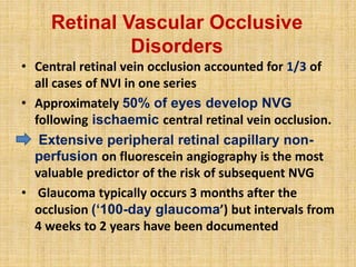 Retinal Vascular Occlusive
Disorders
• Central retinal vein occlusion accounted for 1/3 of
all cases of NVI in one series
• Approximately 50% of eyes develop NVG
following ischaemic central retinal vein occlusion.
• Extensive peripheral retinal capillary non-
perfusion on fluorescein angiography is the most
valuable predictor of the risk of subsequent NVG
• Glaucoma typically occurs 3 months after the
occlusion (‘100-day glaucoma’) but intervals from
4 weeks to 2 years have been documented
 