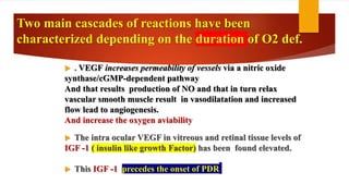  . VEGF increases permeability of vessels via a nitric oxide
synthase/cGMP-dependent pathway
And that results production of NO and that in turn relax
vascular smooth muscle result in vasodilatation and increased
flow lead to angiogenesis.
And increase the oxygen aviability
 The intra ocular VEGF in vitreous and retinal tissue levels of
IGF -1 ( insulin like growth Factor) has been found elevated.
 This IGF -1 precedes the onset of PDR
Two main cascades of reactions have been
characterized depending on the duration of O2 def.
 