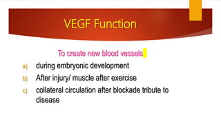 VEGF Function
To create new blood vessels
a) during embryonic development
b) After injury/ muscle after exercise
c) collateral circulation after blockade tribute to
disease
 