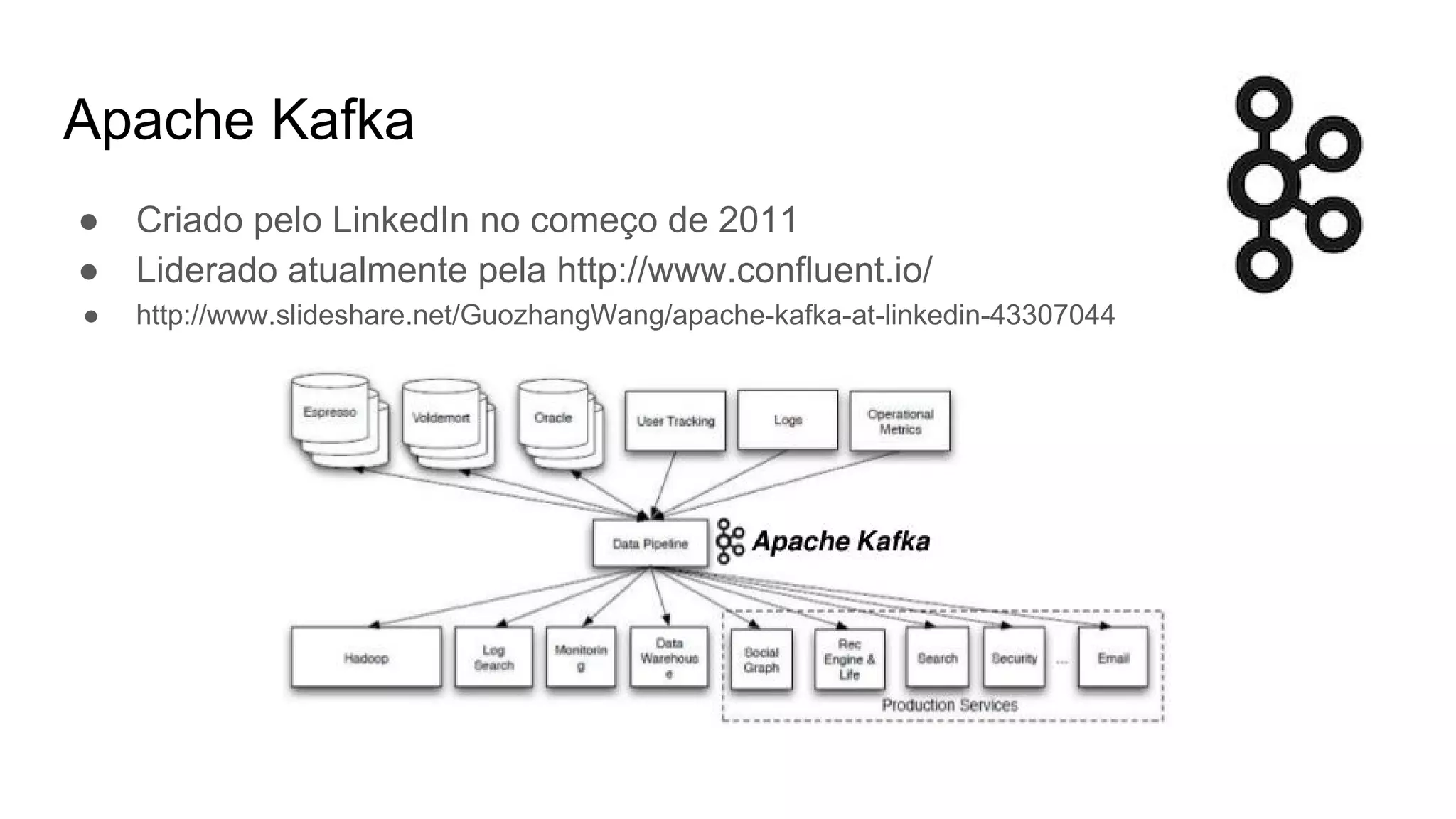Apache Kafka
● Criado pelo LinkedIn no começo de 2011
● Liderado atualmente pela http://www.confluent.io/
● http://www.slideshare.net/GuozhangWang/apache-kafka-at-linkedin-43307044
 