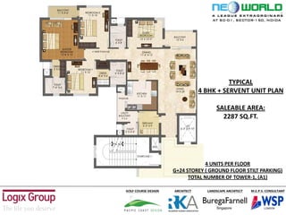 AT SC-01, SECTOR-150, NOIDA
TYPICAL
4 BHK + SERVENT UNIT PLAN
SALEABLE AREA:
2287 SQ.FT.
4 UNITS PER FLOOR
G+24 STOREY ( GROUND FLOOR STILT PARKING)
TOTAL NUMBER OF TOWER-1, (A1)
 
