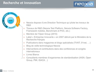 Recherche et Innovation
















© Neoxia – Confidentiel

Neoxia dispose d’une Direction Technique qui pilote les travaux de
R&D
Travaux de R&D (Neoxia Test Platform, Neoxia Software Factory,
Framework mobiles, Benchmark et POC, etc.)
Membre de l’Open Group (2010)
Label « Entreprise Innovante » en 2007 délivré par le Ministère de la
Recherche français
Publications dans magazines et blogs spécialisés (TV4IT, 01net, …)
Blog de veille technologique Neoxia
Interventions et contributions dans des conférences et congrès
internationaux
Livres Blancs
Consultants membres d’organismes de standardisation (IASA, Open
Group, PMI, ISACA…)

26

 