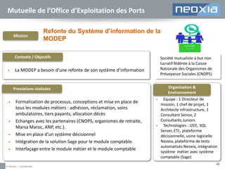 Mutuelle de l’Office d’Exploitation des Ports

Mission

Refonte du Système d'information de la
MODEP

Contexte / Objectifs


Société mutualiste à but non
lucratif fédérée à la Caisse
Nationale des Organismes de
Prévoyance Sociales (CNOPS)

La MODEP a besoin d’une refonte de son système d’information

Organisation &
Environnement

Prestations réalisées









Formalisation de processus, conceptions et mise en place de
tous les modules métiers : adhésion, réclamation, soins
ambulatoires, tiers payants, allocation décès
Echanges avec les partenaires (CNOPS, organismes de retraite,
Marsa Maroc, ANP, etc.).
Mise en place d'un système décisionnel
Intégration de la solution Sage pour le module comptable.
Interfaçage entre le module métier et le module comptable

© Neoxia – Confidentiel





Equipe : 1 Directeur de
mission, 1 chef de projet, 1
Architecte infrastructure, 1
Consultant Sénior, 2
Consultants Juniors
Technologies : J2EE, SQL
Server, ETL, plateforme
décisionnelle, usine logicielle
Neoxia, plateforme de tests
automatisés Neoxia, intégration
système métier avec système
comptable (Sage)
53

 