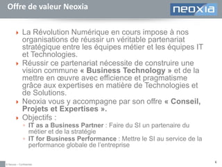 Offre de valeur Neoxia







La Révolution Numérique en cours impose à nos
organisations de réussir un véritable partenariat
stratégique entre les équipes métier et les équipes IT
et Technologies.
Réussir ce partenariat nécessite de construire une
vision commune « Business Technology » et de la
mettre en œuvre avec efficience et pragmatisme
grâce aux expertises en matière de Technologies et
de Solutions.
Neoxia vous y accompagne par son offre « Conseil,
Projets et Expertises ».
Objectifs :
◦ IT as a Business Partner : Faire du SI un partenaire du
métier et de la stratégie
◦ IT for Business Performance : Mettre le SI au service de la
performance globale de l’entreprise

© Neoxia – Confidentiel

6

 