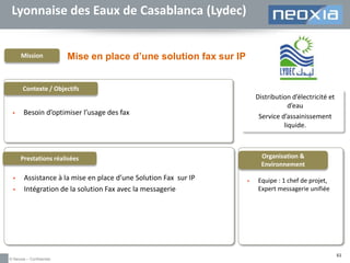 Lyonnaise des Eaux de Casablanca (Lydec)

Mission

Mise en place d’une solution fax sur IP

Contexte / Objectifs



Distribution d’électricité et
d’eau
Service d’assainissement
liquide.

Besoin d’optimiser l’usage des fax

Organisation &
Environnement

Prestations réalisées



Assistance à la mise en place d’une Solution Fax sur IP
Intégration de la solution Fax avec la messagerie

© Neoxia – Confidentiel



Equipe : 1 chef de projet,
Expert messagerie unifiée

61

 