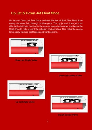 5
Up Jet & Down Jet Float Shoe
Up Jet and Down Jet Float Shoe re-direct the flow of fluid. This Float Shoe
evenly disperses fluid through multiple ports. The up jet and down jet ports
effectively distribute the fluid in the annular space both above and below the
Float Shoe to help prevent the initiation of channeling. This helps the casing
to be easily washed past ledges and tight sections.
Down Jet Single Valve
Down Jet Double Valve
Up Jet Single Valve
Up Jet Double Valve
 