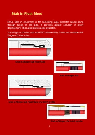 6
Stab in Float Shoe
NeOz Stab in equipment is for cementing large diameter casing string
through tubing or drill pipe. It provides greater accuracy in slurry
displacement. The Latch profile is also available.
The stinger is drillable cast with PDC drillable alloy. These are available with
Single & Double valve.
Stab in Stinger Sub Float Shoe
Stab in Stinger Sub Float Shoe c/w latch profile
Stab in Stinger Sub
Stab in Stinger c/w Latch profile
 