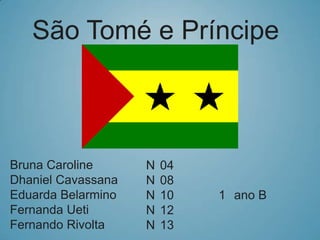 São Tomé e Príncipe

Bruna Caroline
Dhaniel Cavassana
Eduarda Belarmino
Fernanda Ueti
Fernando Rivolta

N
N
N
N
N

04
08
10
12
13

1 ano B

 
