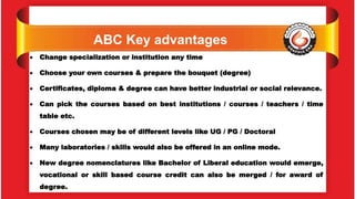 ABC Key advantages
 Change specialization or institution any time
 Choose your own courses & prepare the bouquet (degree)
 Certificates, diploma & degree can have better industrial or social relevance.
 Can pick the courses based on best institutions / courses / teachers / time
table etc.
 Courses chosen may be of different levels like UG / PG / Doctoral
 Many laboratories / skills would also be offered in an online mode.
 New degree nomenclatures like Bachelor of Liberal education would emerge,
vocational or skill based course credit can also be merged / for award of
degree.
 