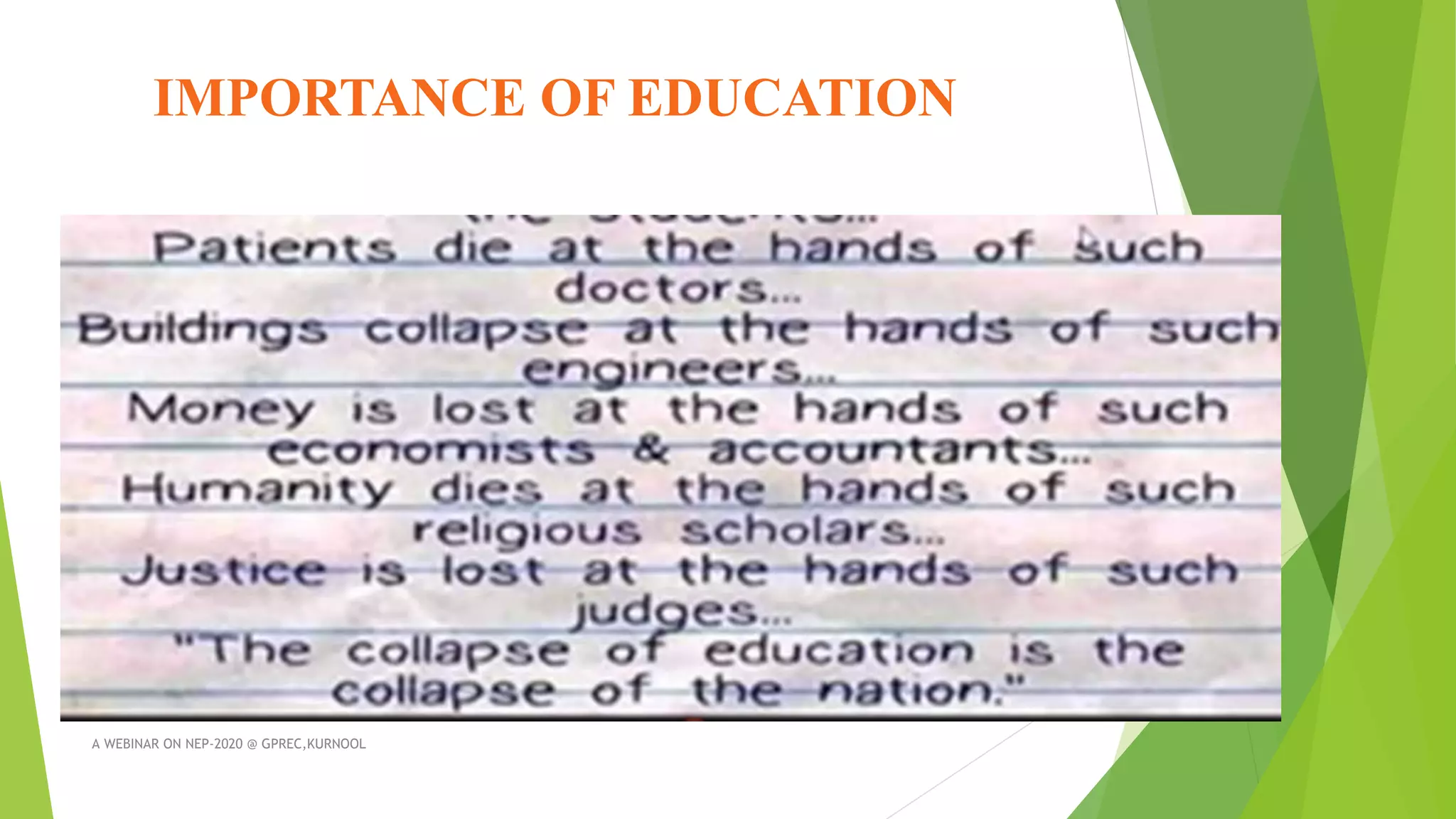 A WEBINAR ON NEP-2020 @ GPREC,KURNOOL
IMPORTANCE OF EDUCATION
 