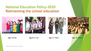 National Education Policy-2020
Reinventing the school education
A WEBINAR ON NEP-2020 @ GPREC,KURNOOL
Age 3-8 (5) Age 8-11 (3) Age 11-14(3) Age 14-18 (4)
 