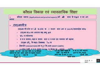 TREY
research
26
उ"vच श ा
वभ ग
 कौशल वकास (Applicational and practical aspects) को c
=
य
क
े वषय क
े पा�य म का अग
बनाना
 टाट[अपनी'त
टाट[अप नी'त क
े प र a
ये म
-
: उÍच श ाा वभाग वारा अग त 2020 म
-
: शासनादेश जारȣ
• टाट[अप छा,rl का अतराल वष[ अ
न
म
ा �य
• छा,r प रयोजनाए
• व व व यालयl /महा व यालय वारा उ य मता एव नवाचार को बढ़ावा
• टाट[
अप हतेा फ
ै कã
टȣ डेवलपमट-
: ाो-aााम
• हैकथॉन (HACKATHON) एव बाट क
ै J:'Cस (BOOT CAMPS)
• 15 राÏय/'नजी व व व यालय म
-
: इ� याबेटस[ क थापना याधीन
नातक तर पर थम चार सेमे टर म
-
: कौशल
वकास का एक वषय अलग से पढ़ाया जाएगा-
क
ा ल 12 ाे f'डट क
े चार
पा�य म
UGC क
े Ǒदशा 'नदȶशl क
े म म
-
: NCC को माइनर
इलैिा टव कोस क
े �प म
-
: अनाम�य
कया गया है-अग त 2021 उc=तर देश
पहला राÏय
 