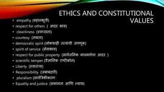 ETHICS AND CONSTITUTIONAL
VALUES
• empathy (सहानभूती)
• respect for others ( आदर भाव)
• cleanliness (स्वच्छता)
• courtesy (नम्रता)
• democratic spirit (लोकशाही ततवाांची जपणूक)
• spirit of service (सेवाभाव)
• respect for public property (साववजननक मालमत्तेचा आदर )
• scientific temper (वैज्ञाननक दृष्टीकोन)
• Liberty (स्वातांत्र्य)
• Responsibility (जबाबदारी)
• pluralism (साववत्रिकीकरण
• Equality and justice (समानता आणण न्याय)
 