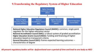 9.Transforming the Regulatory System of Higher Education
All present regulatory bodies will be dysfunctional over a period of time and lead to one body as HECI
 