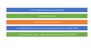 10. Promoting Vocational Education
11. Research funding & monitoring through National Research Foundation [NRF]
12. One Regulatory System – Higher Educational Commission of India (HECI)
9. Internationalization
8. Promoting Open Distance Learning (ODL)
 
