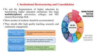 To end the fragmentation of higher education by
transforming higher education institutions into large
multidisciplinary universities, colleges, and HEI
clusters/Knowledge Hub.
More number of students should be accommodated.
They should offer high quality teaching, research, and
community engagement.
1. Institutional Restructuring and Consolidation
• That place equal emphasis on teaching and
research
Research – Intensive
Universities
• That place greater emphasis on teaching
but still conduct significant research
Teaching-Intensive
Universities
• that grants undergraduate degrees
• Primary focus on undergraduate teaching
Autonomous Degree
Granting Colleges
 