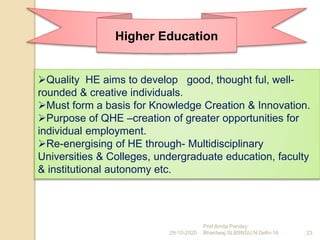 29-10-2020
Prof Amita Pandey
Bhardwaj,SLBSNSU,N.Delhi-16 23
Quality HE aims to develop good, thought ful, well-
rounded & creative individuals.
Must form a basis for Knowledge Creation & Innovation.
Purpose of QHE –creation of greater opportunities for
individual employment.
Re-energising of HE through- Multidisciplinary
Universities & Colleges, undergraduate education, faculty
& institutional autonomy etc.
Higher Education
 