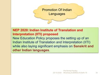 NEP 2020: Indian Institute of Translation and
Interpretation (IITI) proposed
New Education Policy proposes the setting up of an
Indian Institute of Translation and Interpretation (IITI)
while also laying significant emphasis on Sanskrit and
other Indian languages.
29-10-2020 34
Prof Amita Pandey
Bhardwaj,SLBSNSU,N.Delhi-16
Promotion Of Indian
Languages
 